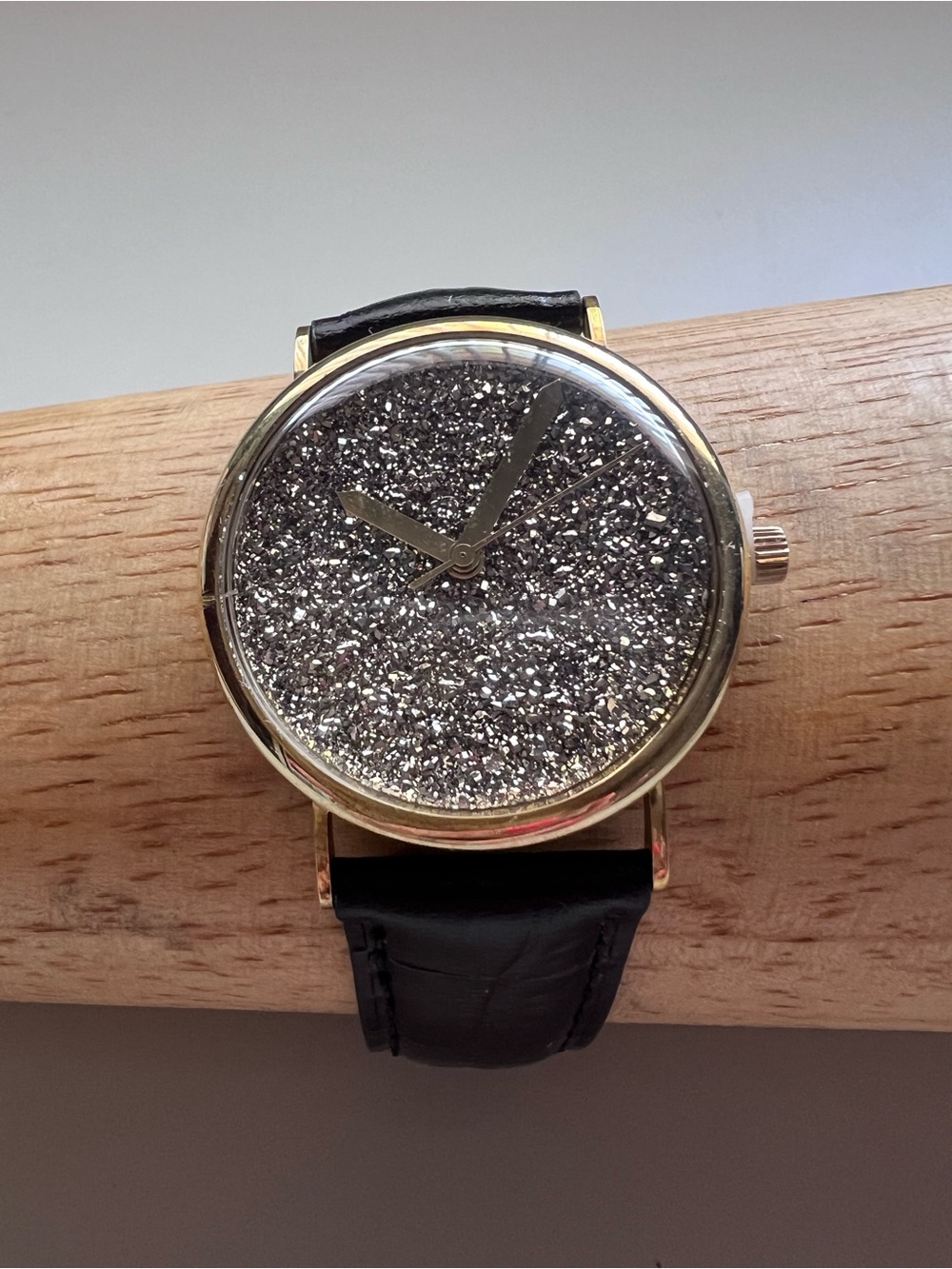 VicencE Italy 14K Gold Case Silver Druzy Style Dial Black Leather Band Watch